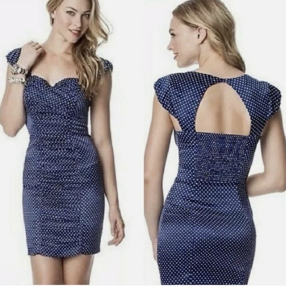Guess Bombshell Pinup Polka Dot Dress Size 4 Blue White Body Con Sheath Barbie